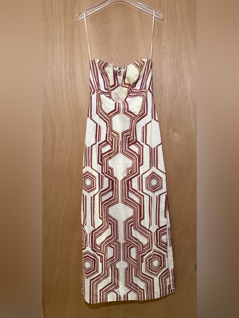 Anthropologie Strapless Geometric Maxi Dress in Cream and Rust